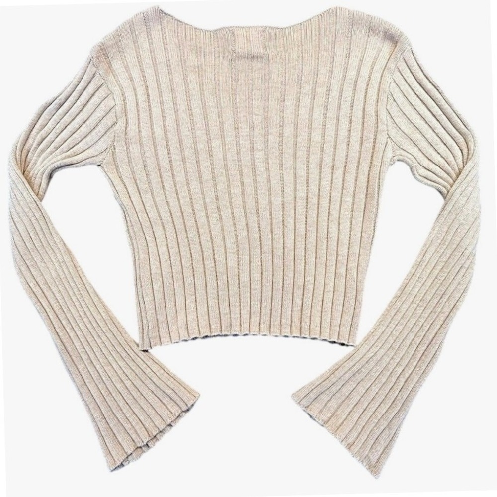Hippie Rose Womens Tan Ribbed Knit Cropped Bell Sleeve Sweater M Y2K Minimalist